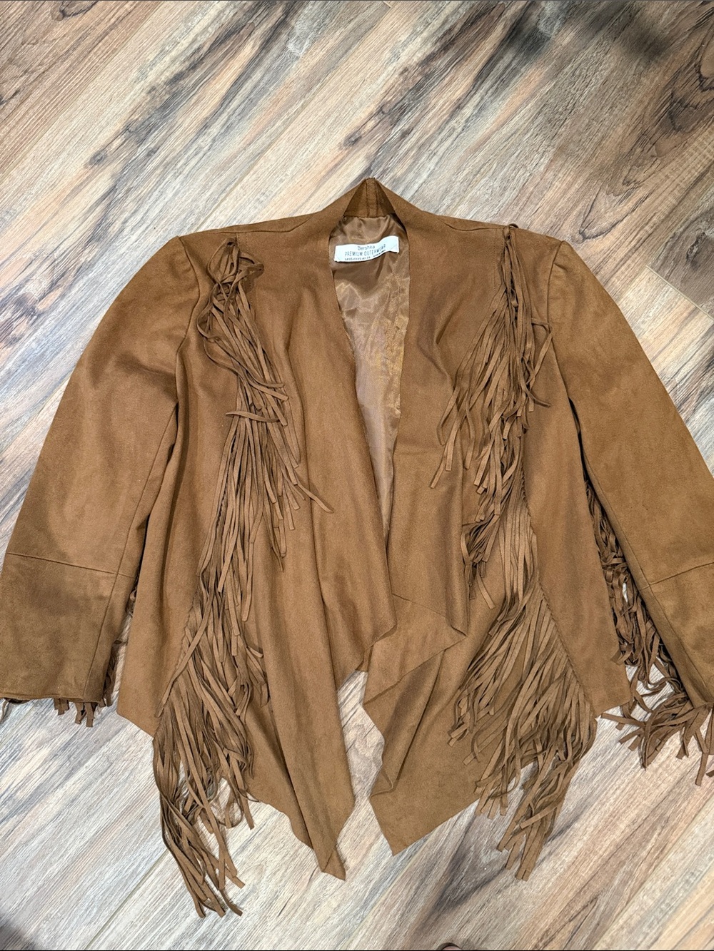 Bershka Brown Suede-Look Fringe Open-Front Jacket